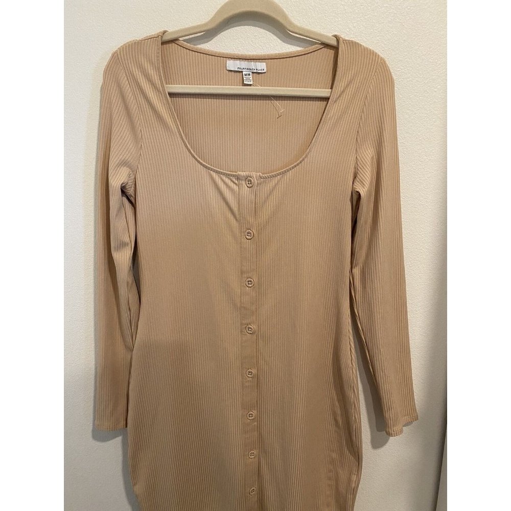 New Fourteenth Place Nude Button Long Sleeve Ribbed Midi Fitted Dress Medium - Picture 2 of 6